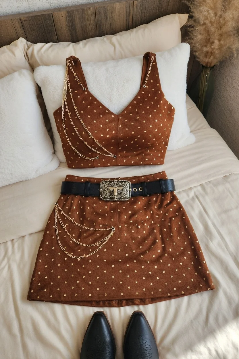Conjunto Country Luxo – Top Cropped + Saia Mini com Correntes e Spikes