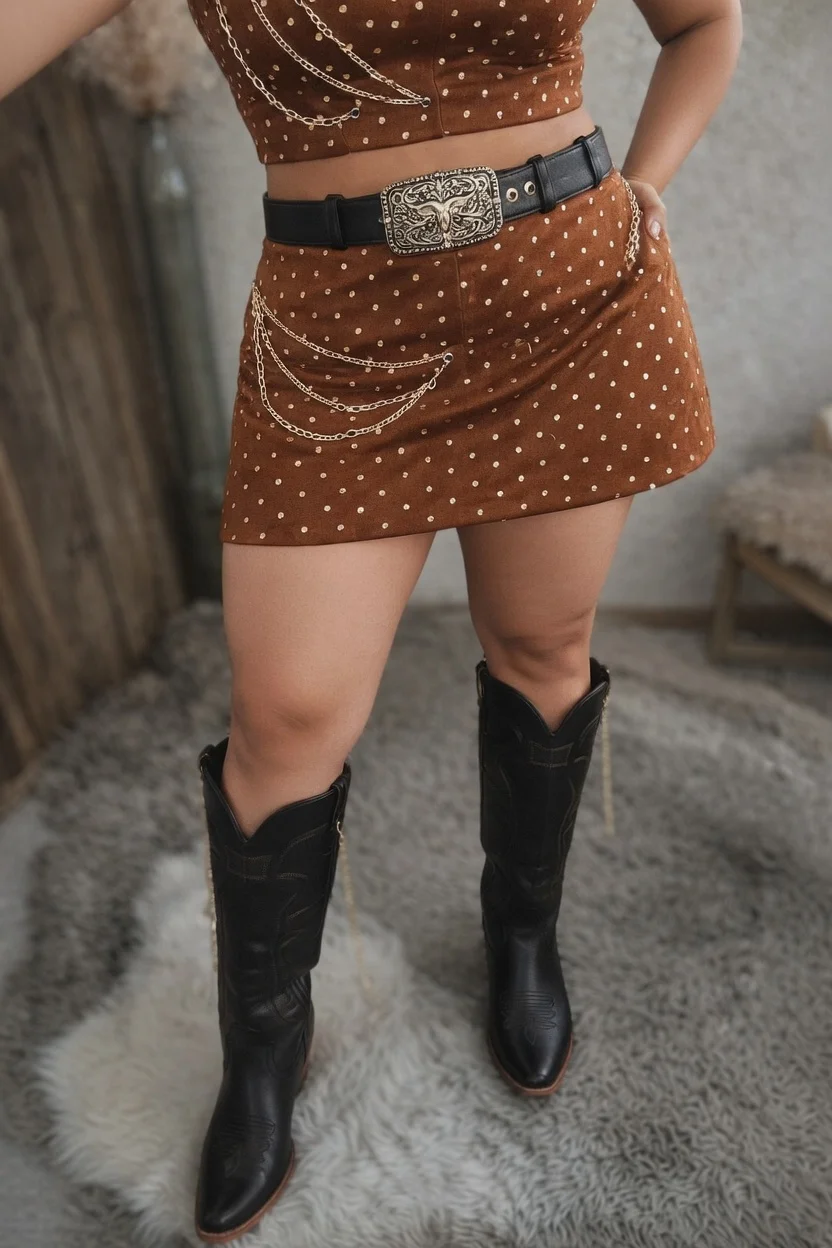 Conjunto Country Luxo – Top Cropped + Saia Mini com Correntes e Spikes