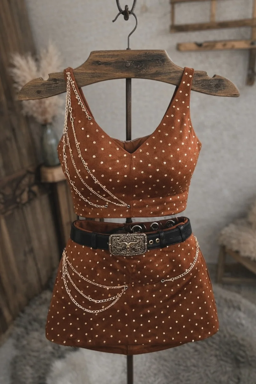 Conjunto Country Luxo – Top Cropped + Saia Mini com Correntes e Spikes